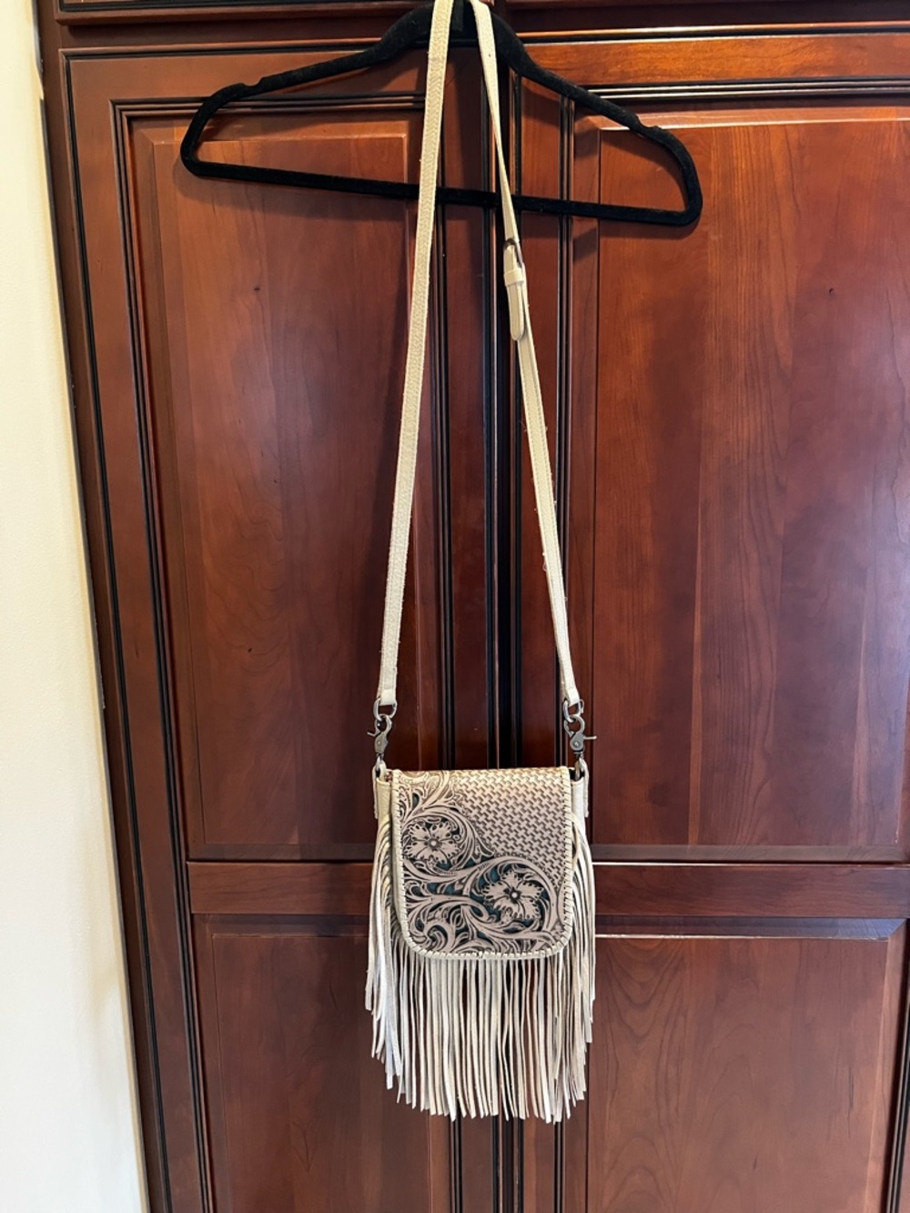 Montana West Cream Leather Adjustable Crossbody Long Fringe Purse